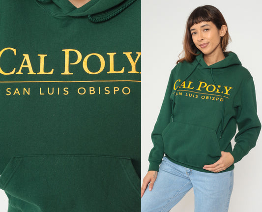 Cal Poly San Luis Obispo Hoodie 90s Green University College Sweatshirt Cotton Vintage Pullover Yellow Letters Front Pocket Drawstring California State School Medium M