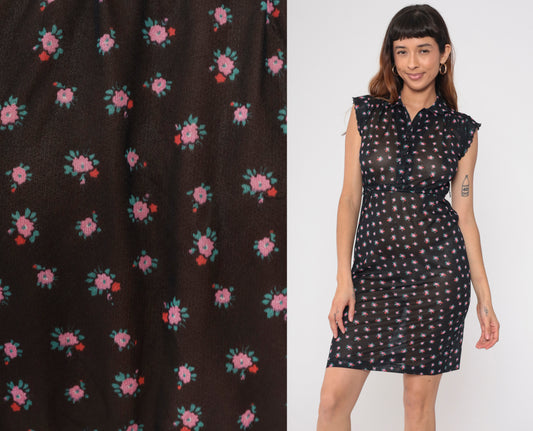80s Black Floral Dress Sheer Collared Pink Rose Print Sleeveless Ruffle Cap Sleeve Belted Waist Vintage Cottagecore Coquette Summer Small S