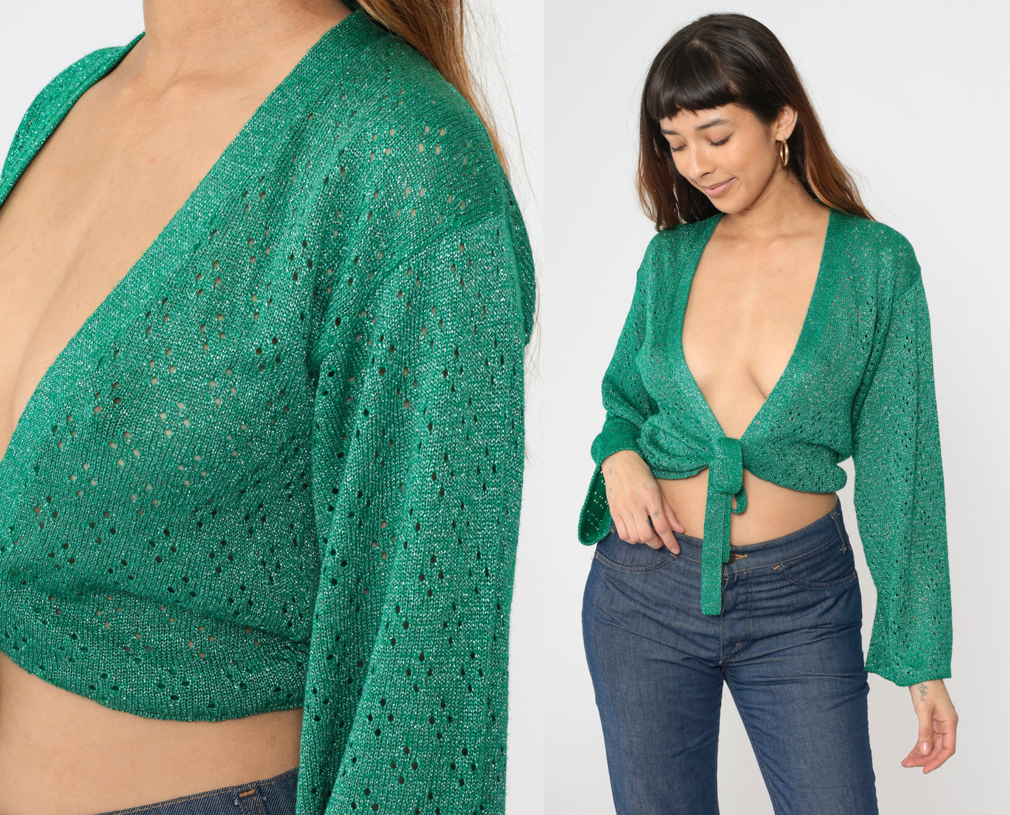 Vintage 70s Metallic Green Knit Crop Top S