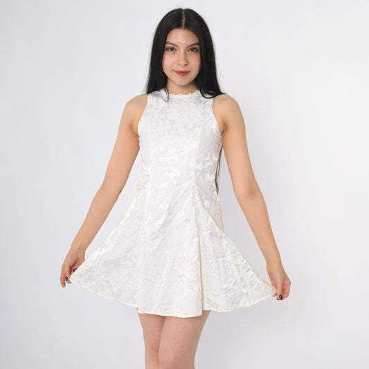 Vintage 90s White Brocade Mini Party Dress XXS