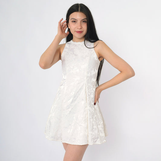Vintage 90s White Brocade Mini Party Dress XXS