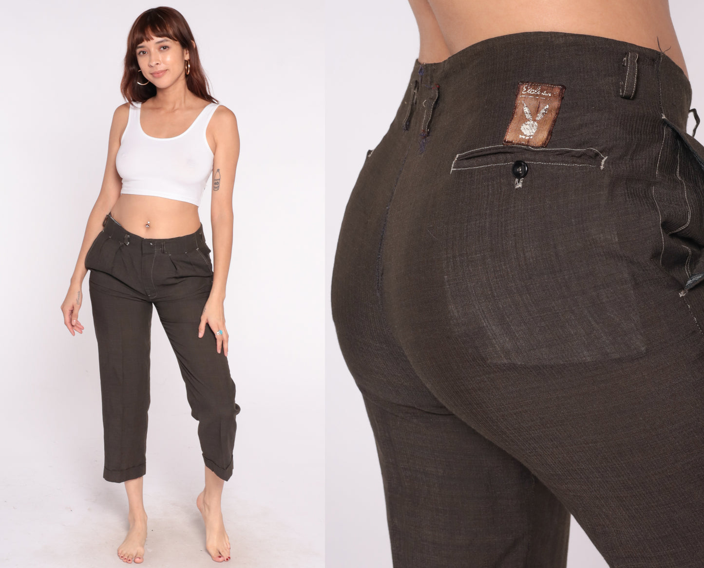 60s Playboy Pants Brown High Rise Cropped Capri Cuffed Pleated Pockets Belt Tabs Vintage Bunny Logo Patch Utility Trousers Medium Play Boy M