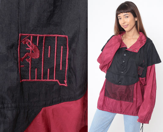 Reebok 90s Windbreaker Color Block Black Pink Hooded Athletic Track Jacket Vintage Streetwear Gorpcore Y2K Hip Hop Panels Urban Medium M