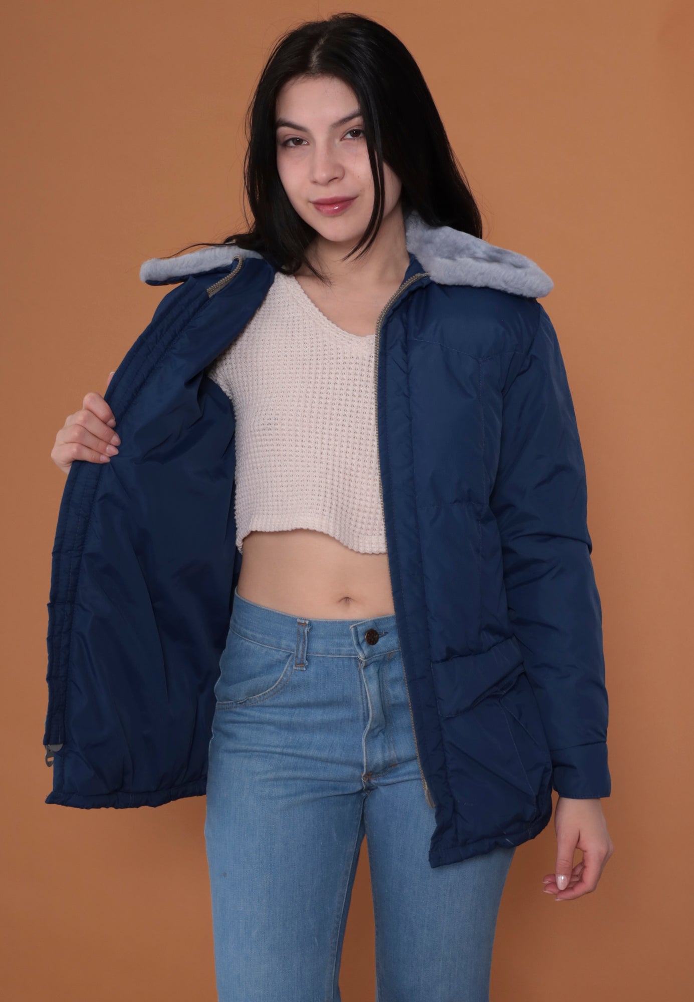 70s Navy Blue Puffer Jacket, Faux Fur Collar