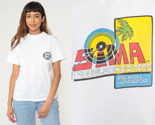 Pearl Harbor Tee 90s White Cotton T-shirt Hanes Graphic SOAR Troubleshooters Hawaii Tropical Crew Neck Camp Shirt Vintage Medium M