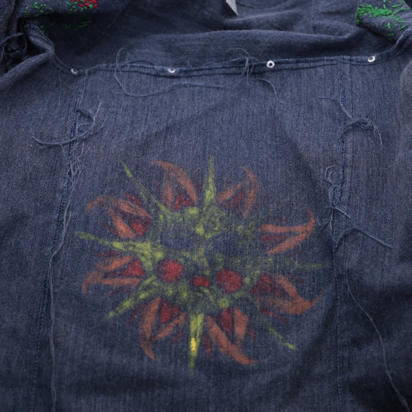 70s Chambray Jacket Floral Embroidered Hand Painted Sun Denim Trucker Small