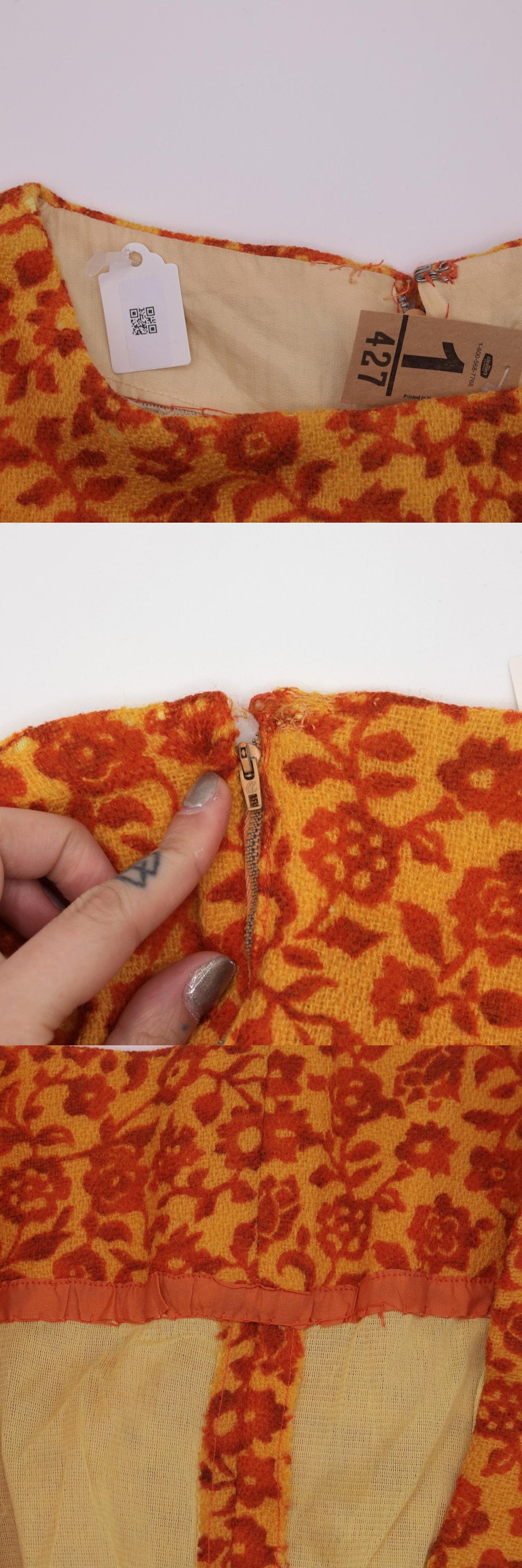 60s Floral Wool Shift Dress Yellow Orange Mod 3/4 Sleeve Small