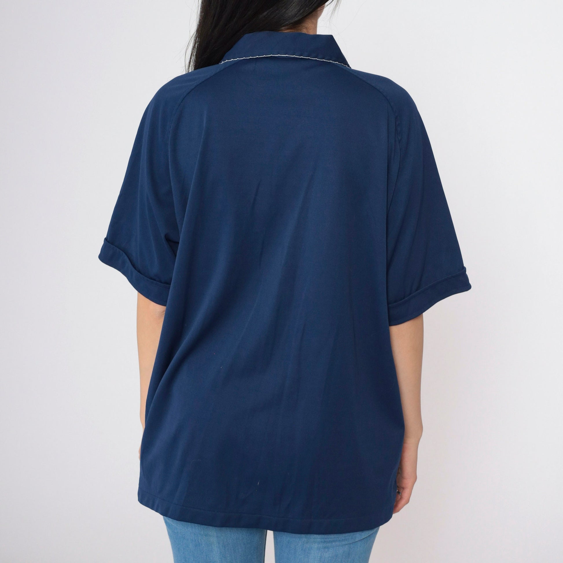 70s Navy Button Up Shirt White Scalloped Trim Short Sleeve Extra Large