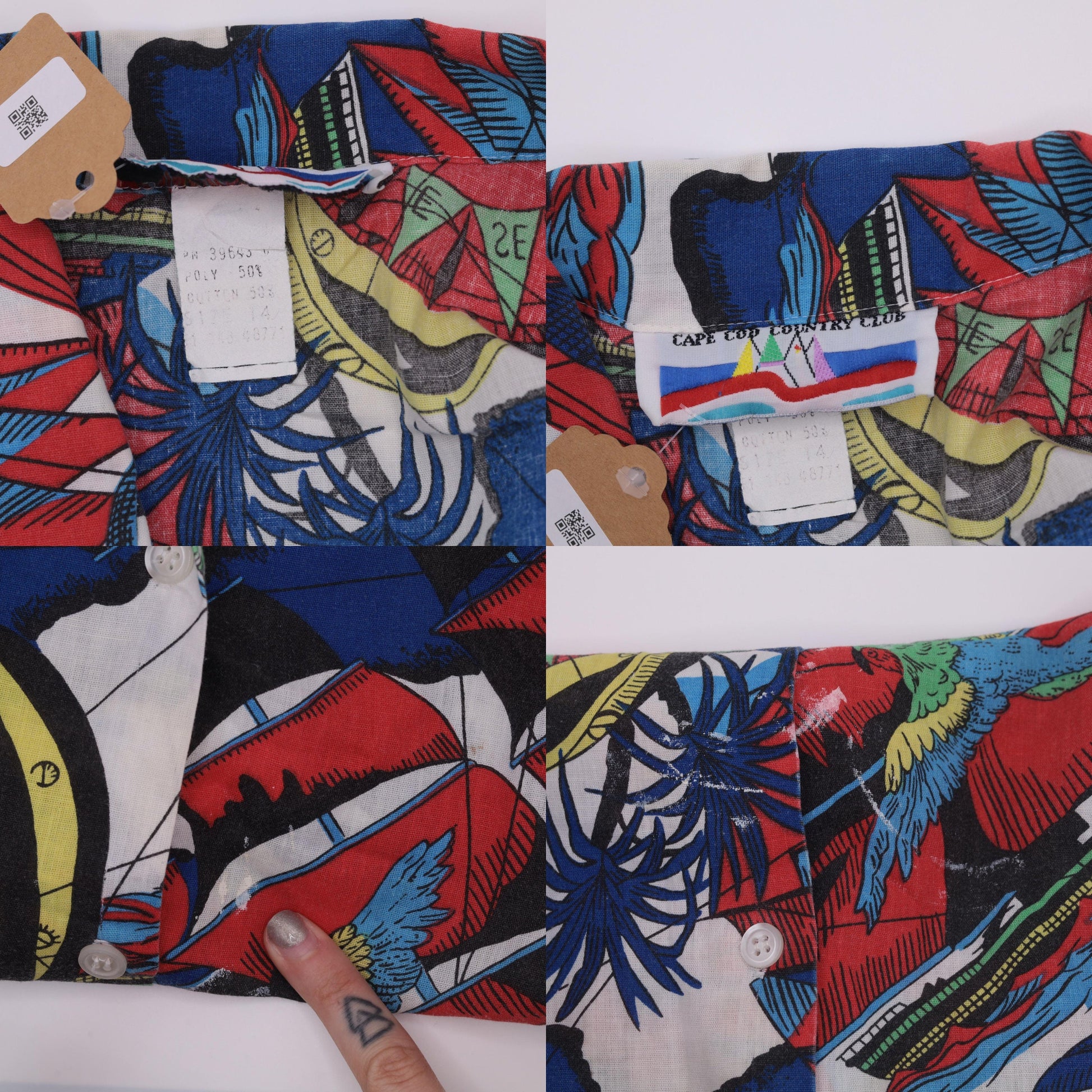 90s Nautical Print Button-Up Shirt Compass Parrot Globe Map Short Sleeve Large