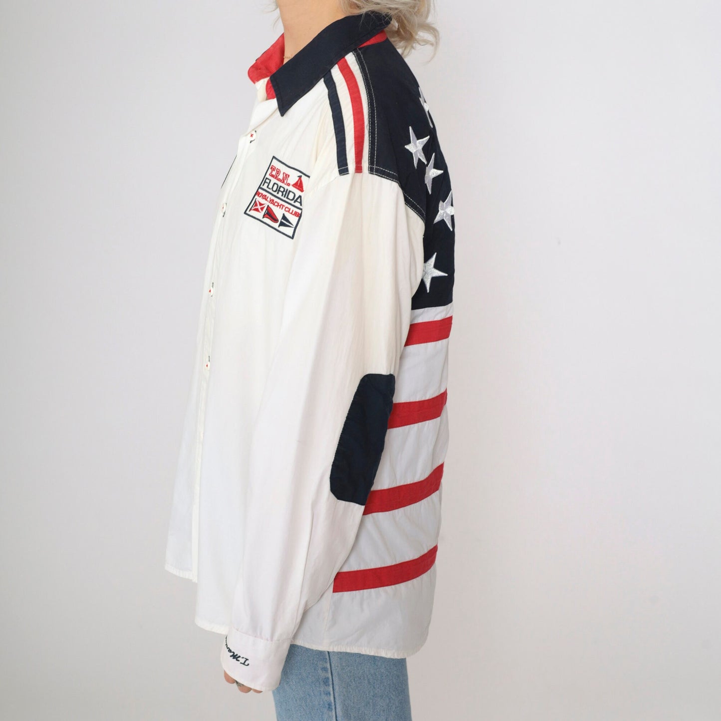 00s Royal Yacht Club Embroidered Button-Up Shirt White Patriotic American Flag Large
