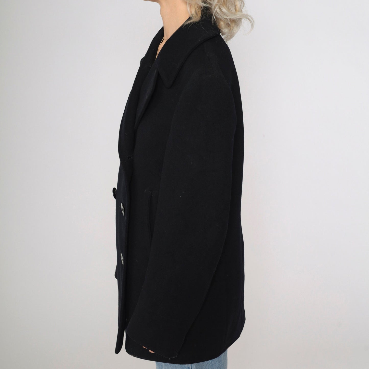 1940s US Navy Pea Coat Wool Double Breasted Black Jacket Medium 36