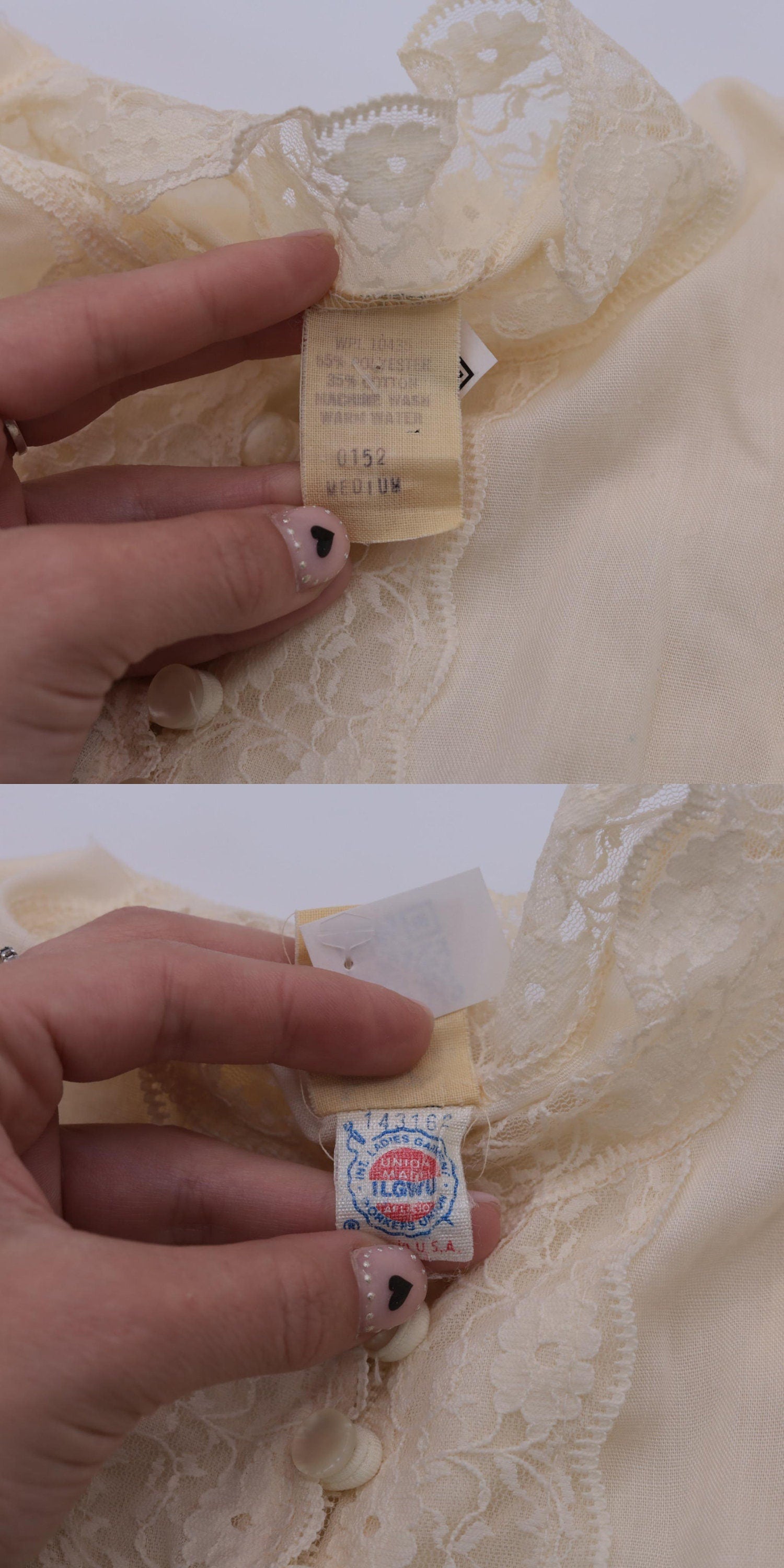 70s Sheer Ivory Lace Blouse Puff Sleeve Pearl Button Up Medium