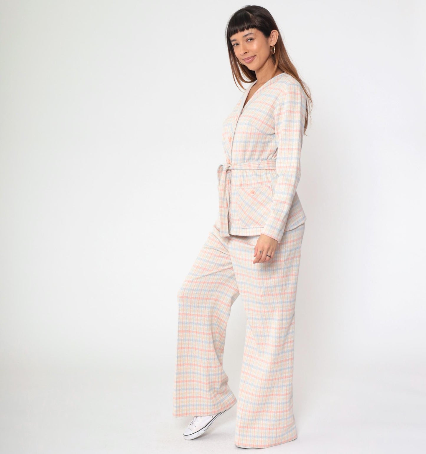 70s Pink Blue Checkered Two Piece Set Wide Leg Pants Blouse Large L