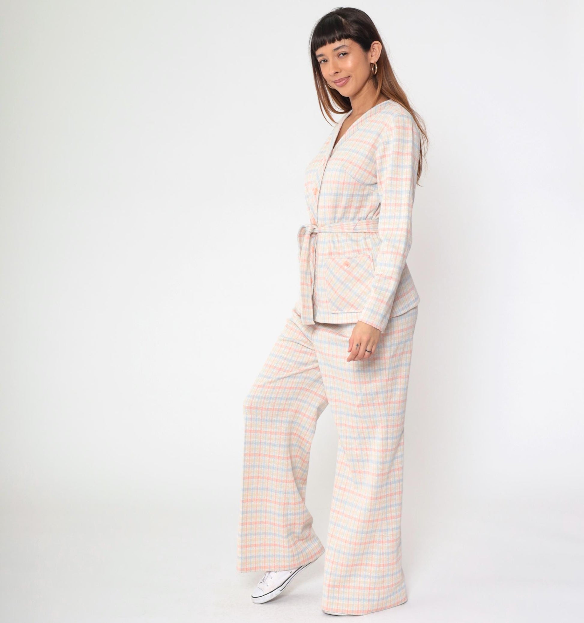 70s Pink Blue Checkered Two Piece Set Wide Leg Pants Blouse Large L