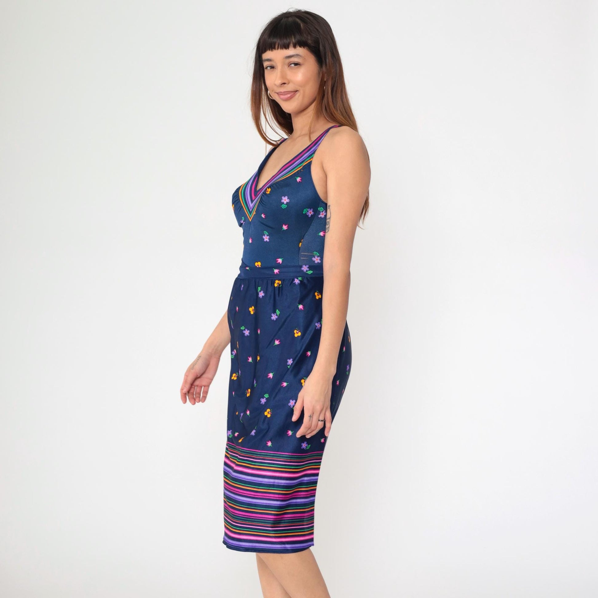 80s Navy Floral Swimsuit & Maxi Wrap Skirt Set V-Neck Boyleg One-Piece Medium 8