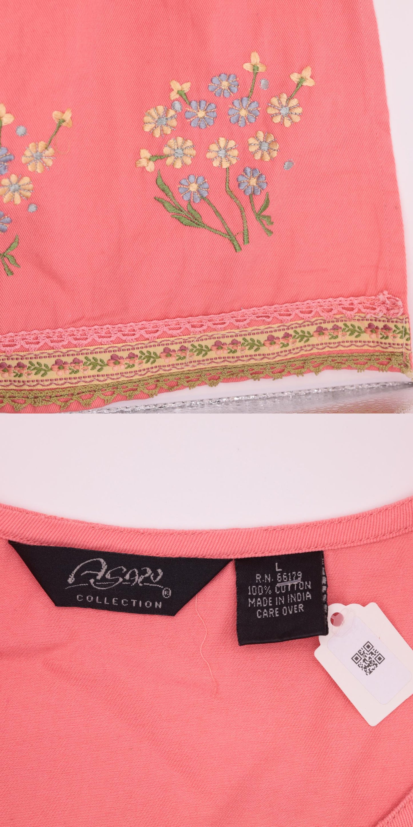 90s Pink Floral Embroidered Cotton Maxi Dress Sleeveless Large L