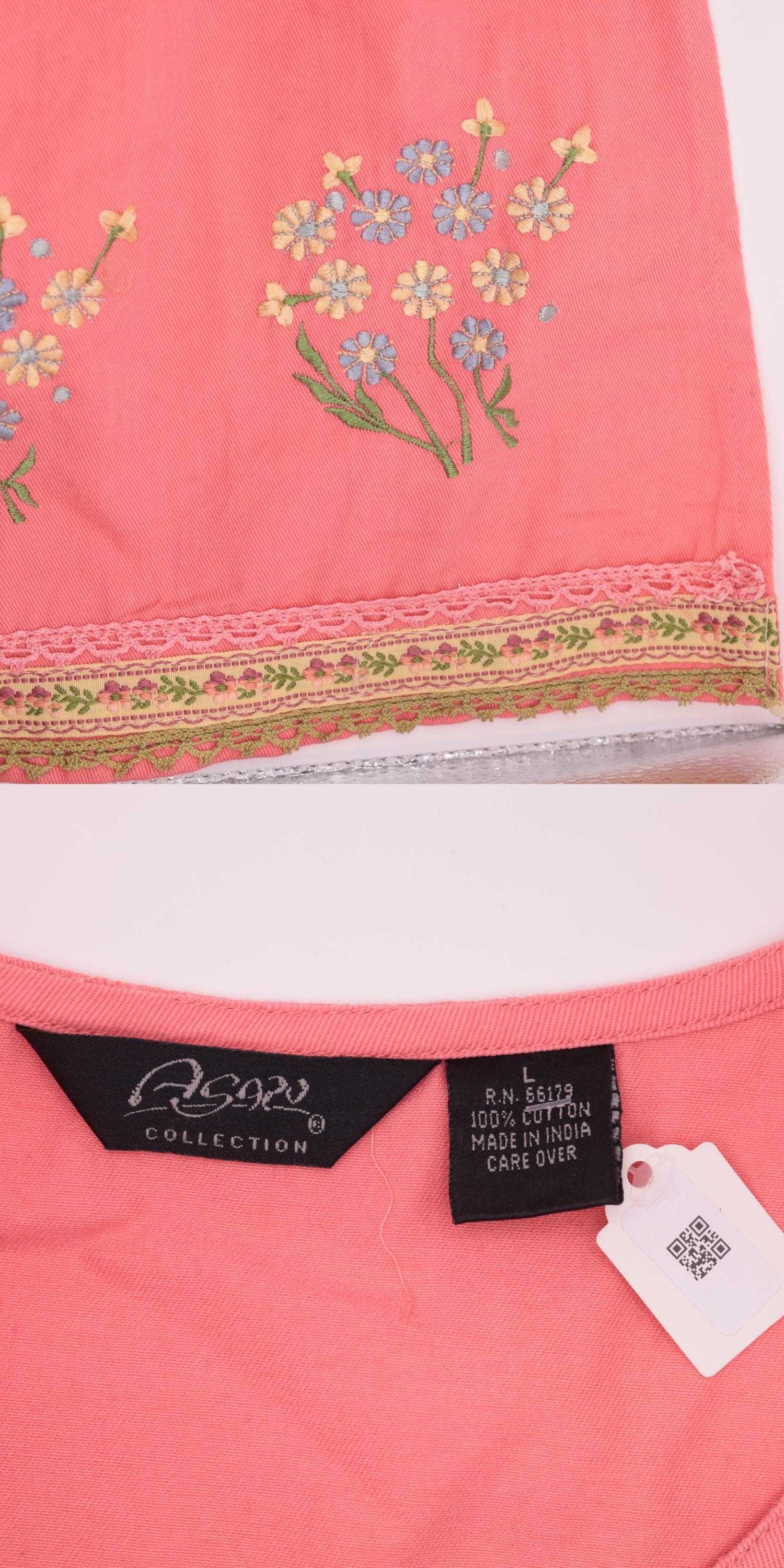 90s Pink Floral Embroidered Cotton Maxi Dress Sleeveless Large L