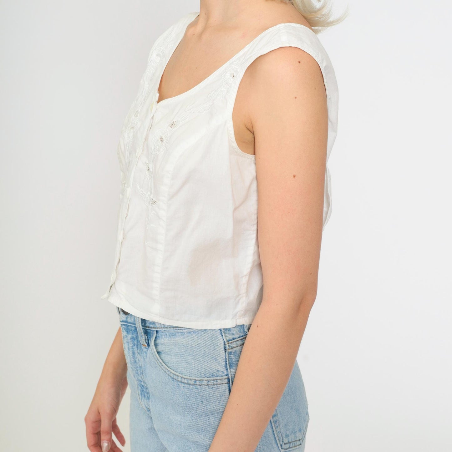 90s Munalisa Floral Embroidered Tank Top White Mesh Cutwork Small