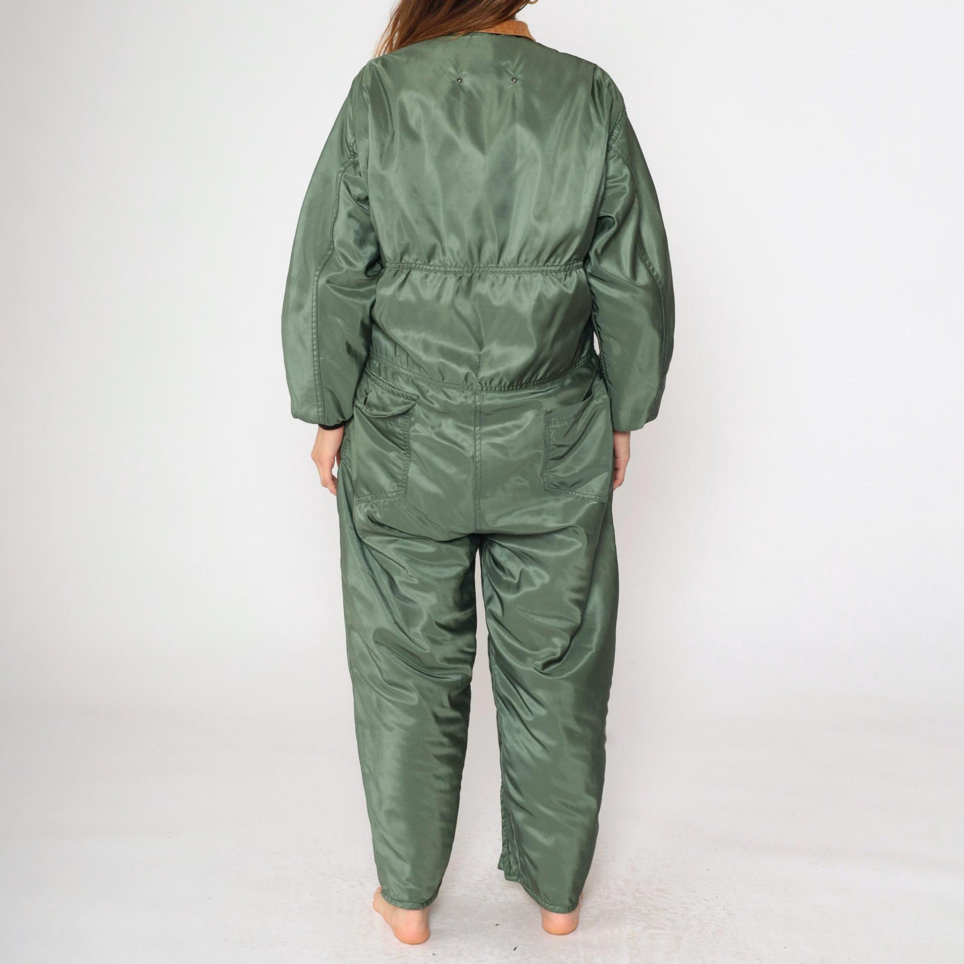 80s Green Nylon Ski Suit Brown Corduroy Collar Quilted Snowsuit Medium