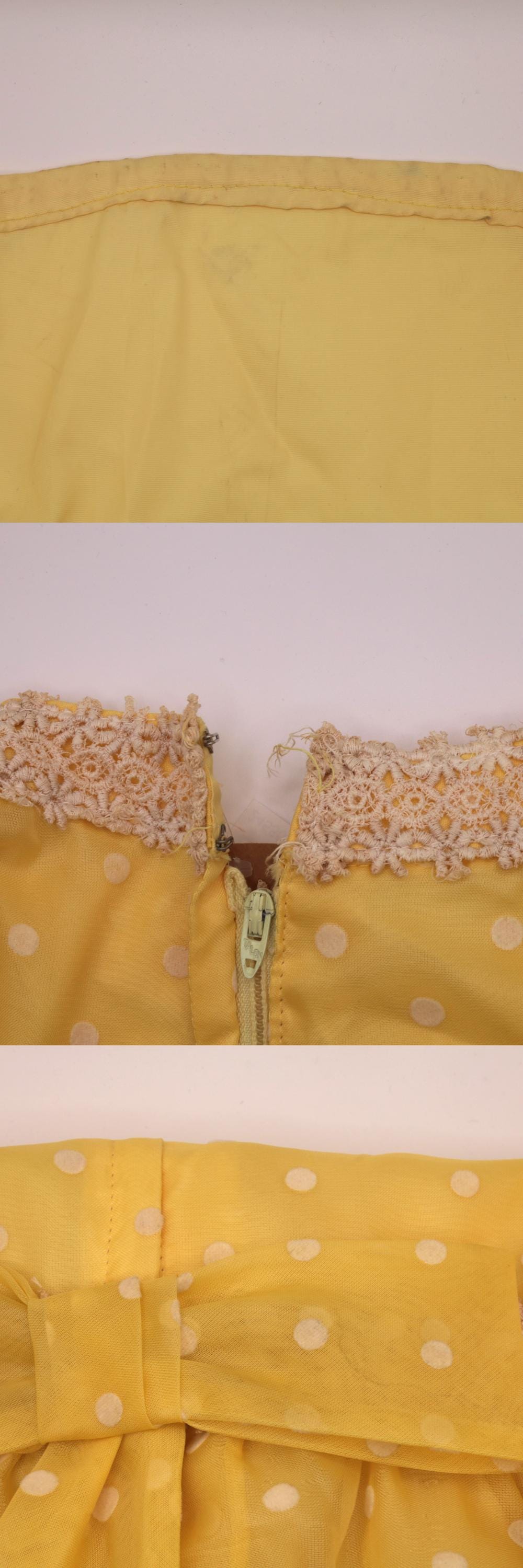 70s Yellow Polka Dot Organza Maxi Dress Balloon Sleeve Lace Trim Extra Small