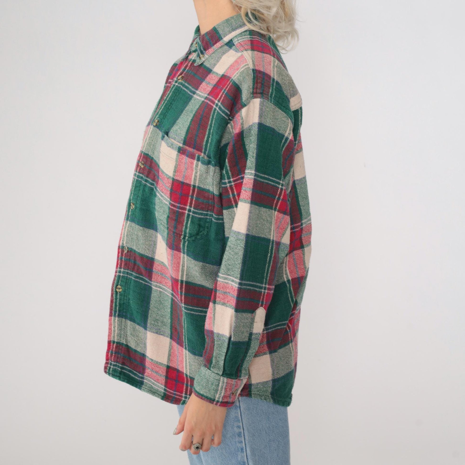 90s Sierra Pacific Green Pink Plaid Flannel Shirt Long Sleeve Medium M