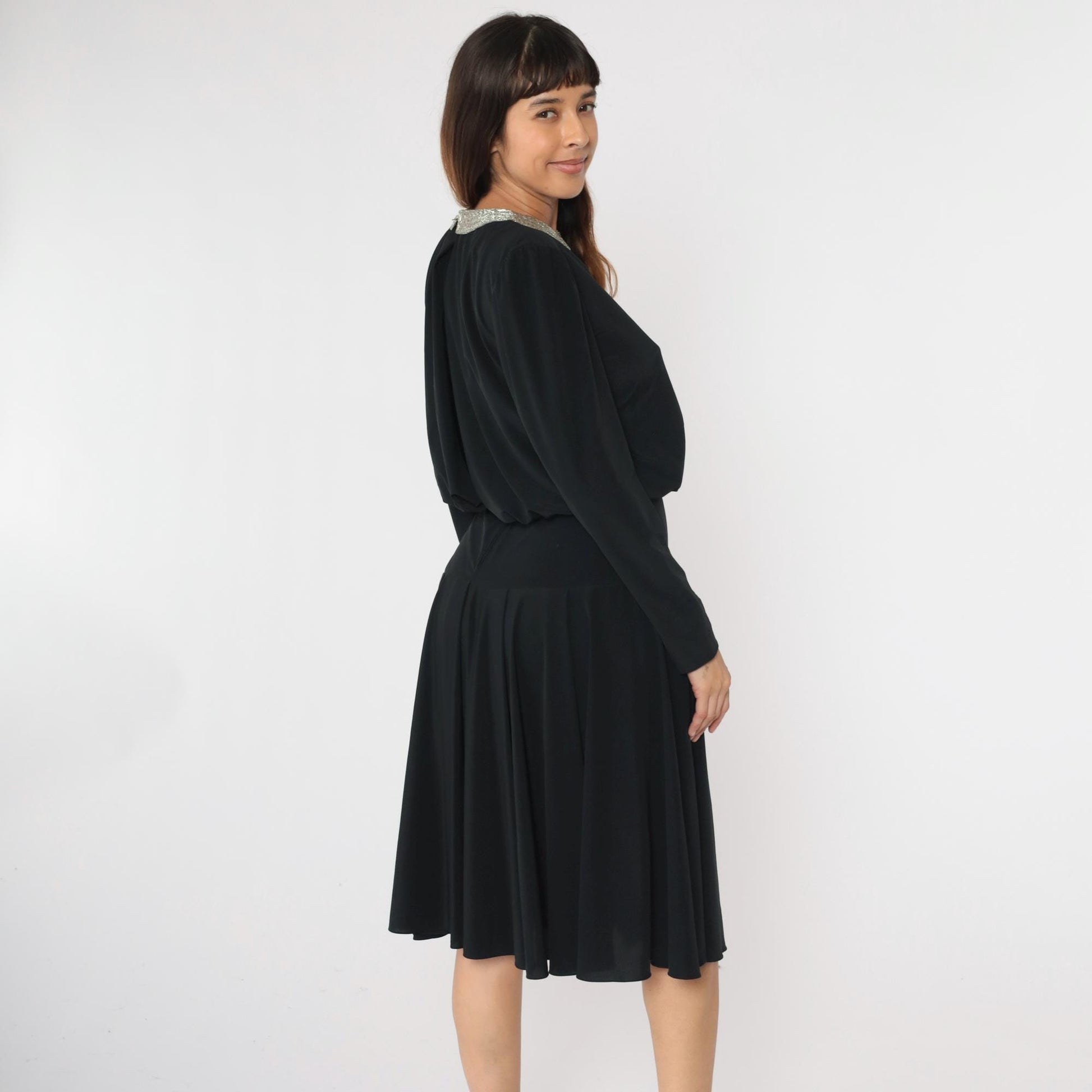 80s Ricki Lang Black Beaded Collar Midi Dress Drop Waist Long Sleeve Medium