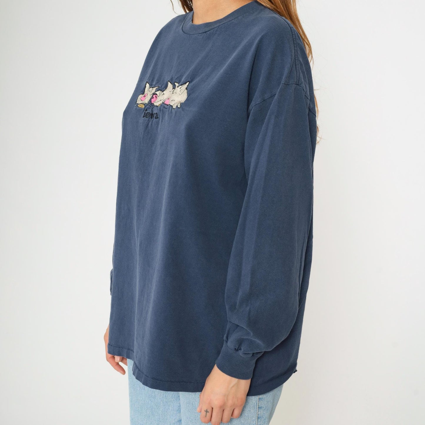 90s Iowa Pig Corn Embroidered Long Sleeve T Shirt Navy Blue Extra Large XL