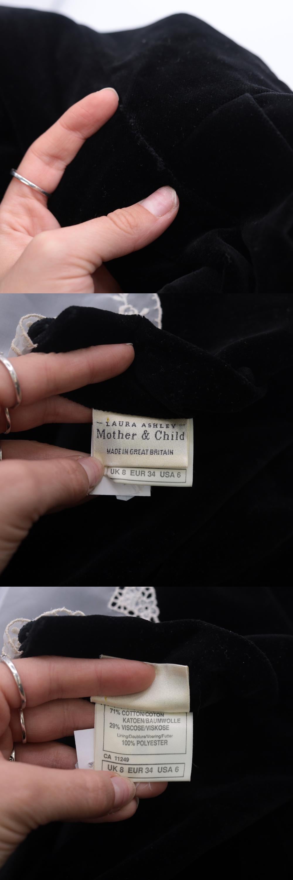 80s Laura Ashley Mother and Child Black Velvet Midi Dress White Lace Collar Extra Small