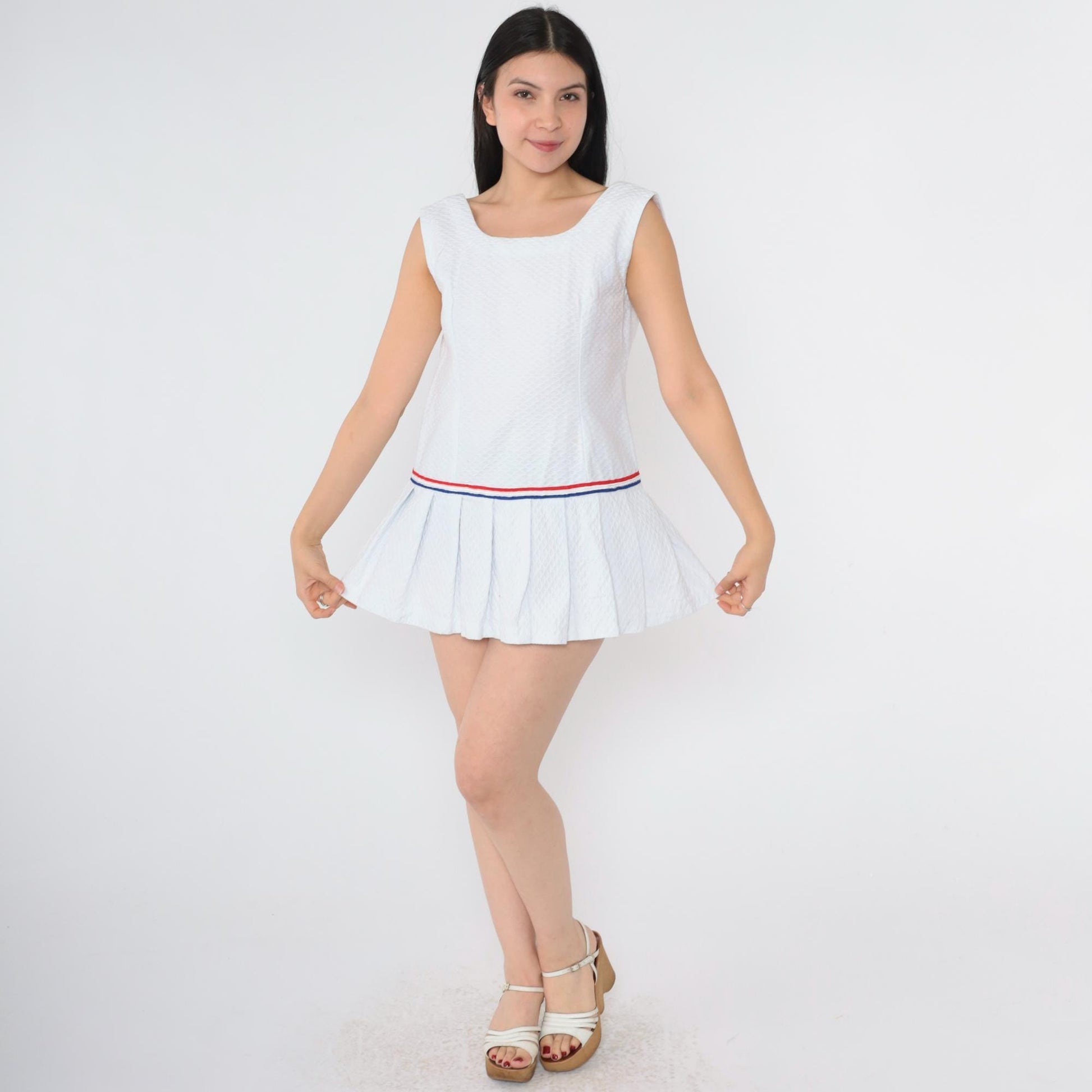 60s Mod Scooter Dress White Drop Waist Pleated Mini Sleeveless Small