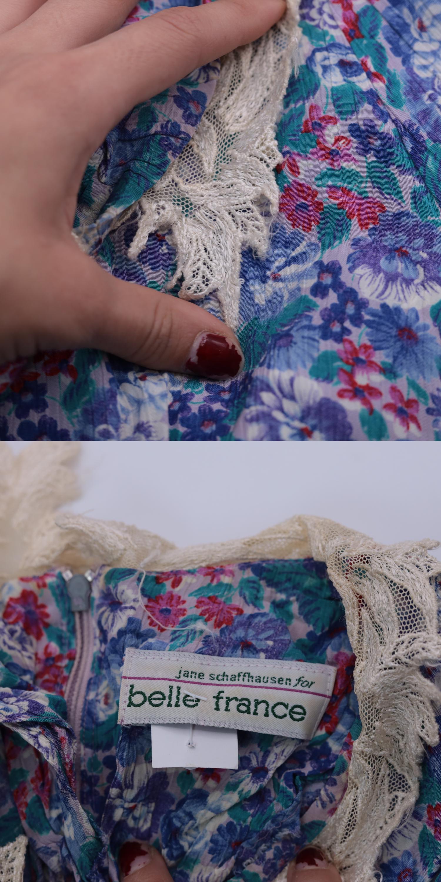 80s Floral Midi Dress Multicolor Puff Sleeve Lace Collar Drop Waist Medium