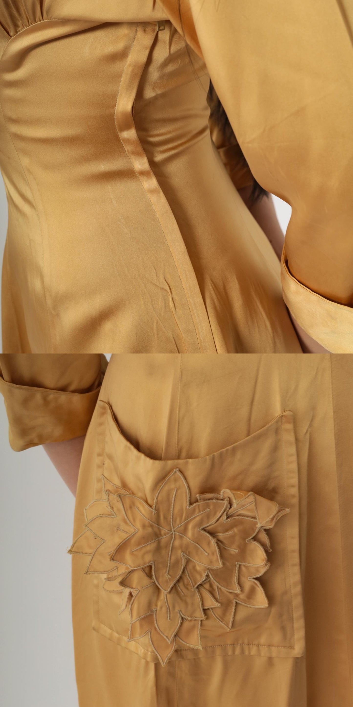 1940s Gold Satin Dress Floral Appliqué Pointed Collar Midi Extra Small