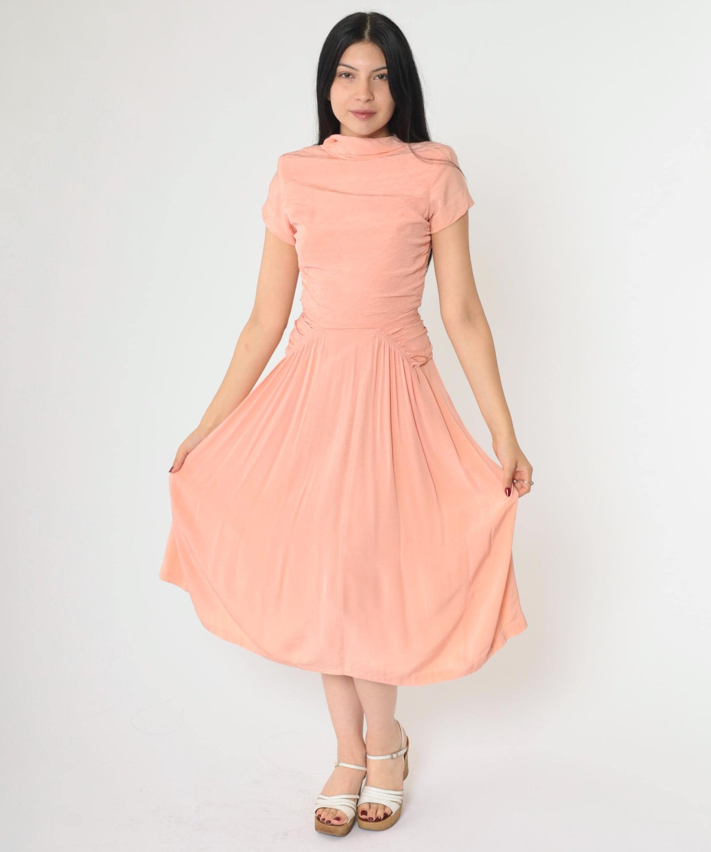 1940s Peach Party Dress Scalloped Bodice Ruched Waist Midi Extra Small