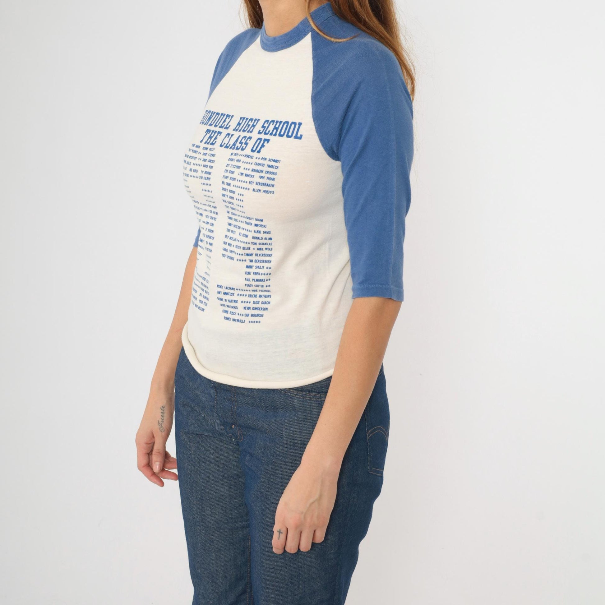 80s Bonduel High School Class of 1985 Raglan Baseball Tee Blue White Graphic Small