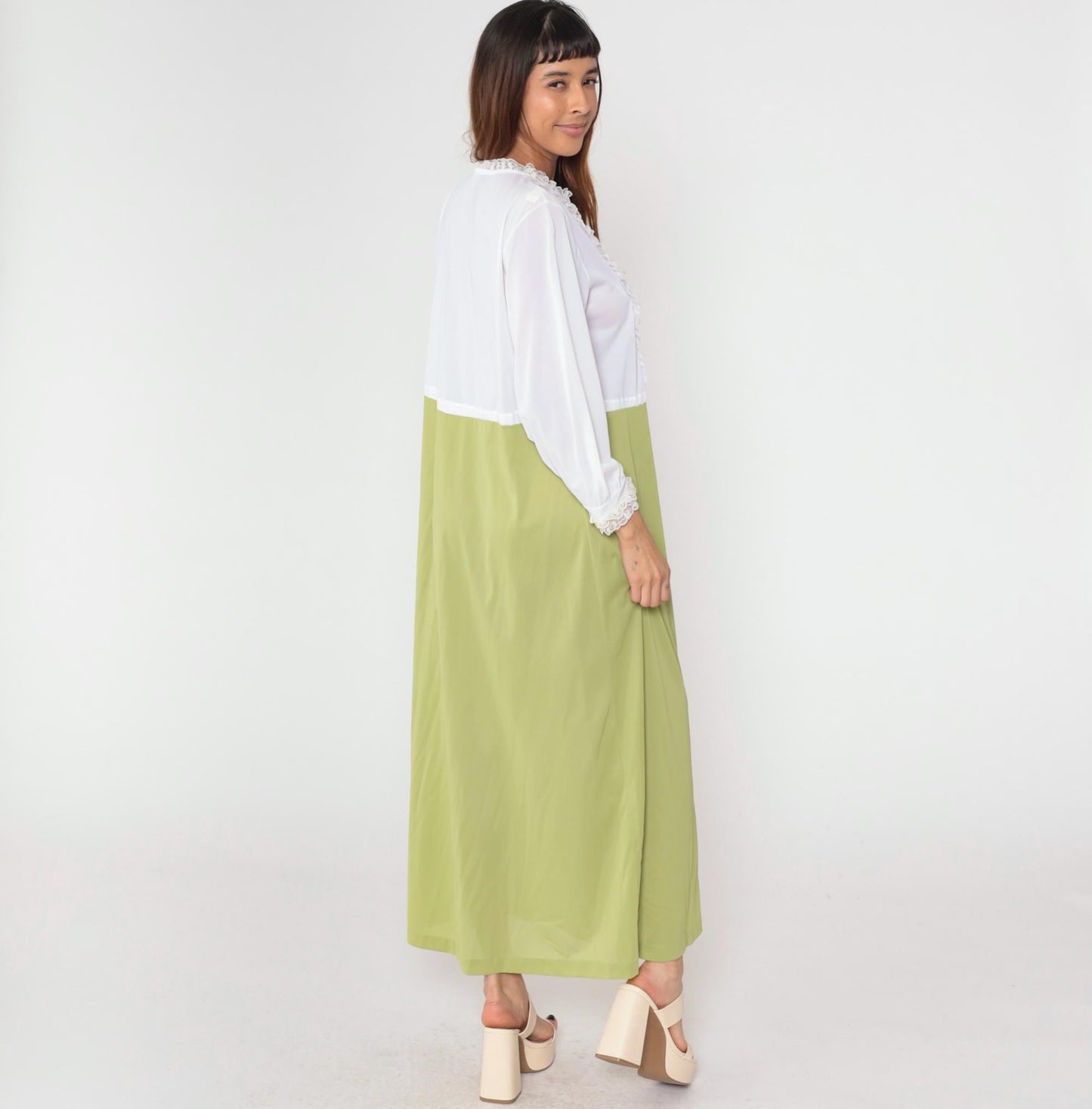 70s Gilead Two-Piece Maxi Nightgown Robe Set White Green Nylon Medium