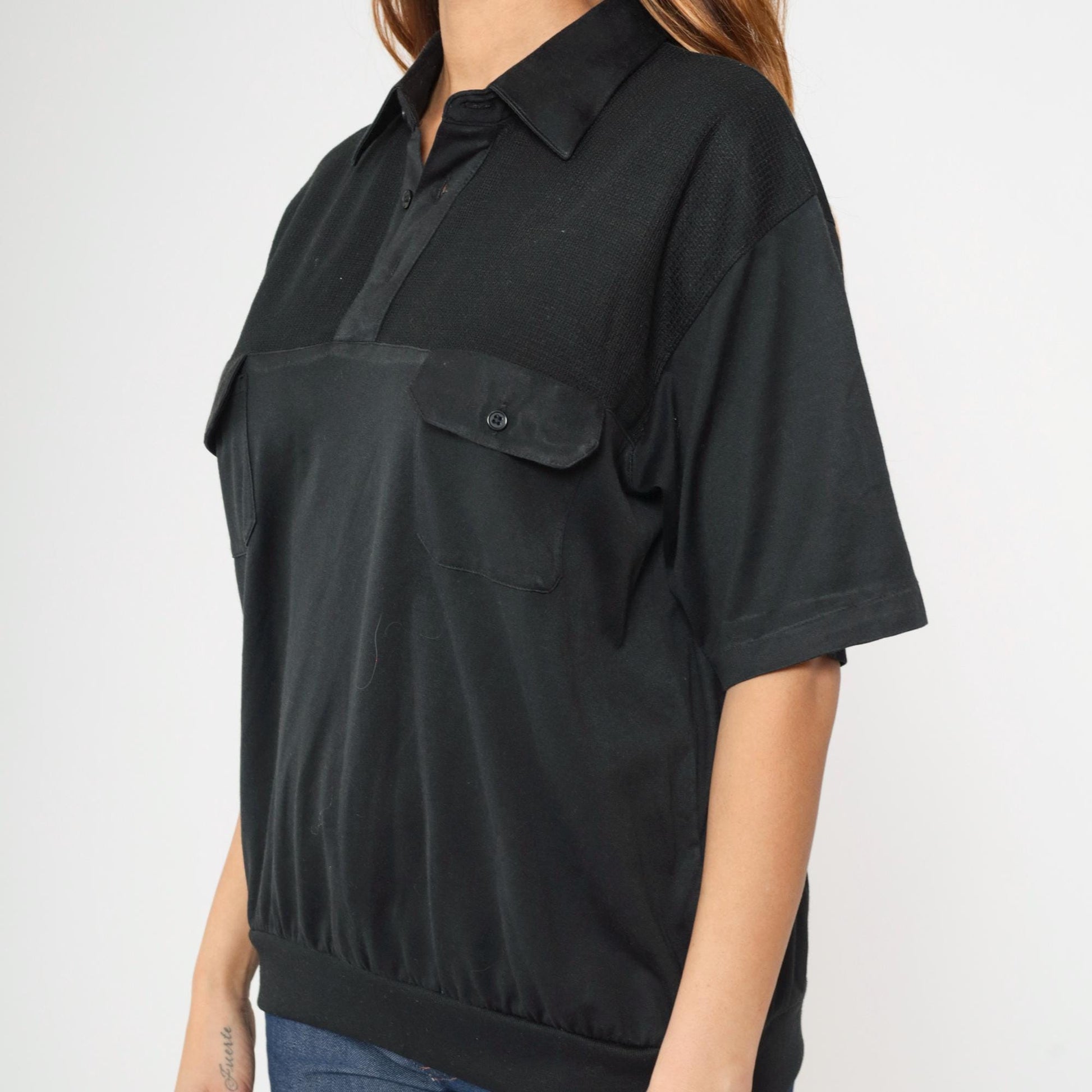 90s Black Polo Shirt Quarter Button Knit Yoke Banded Hem Men's Large L