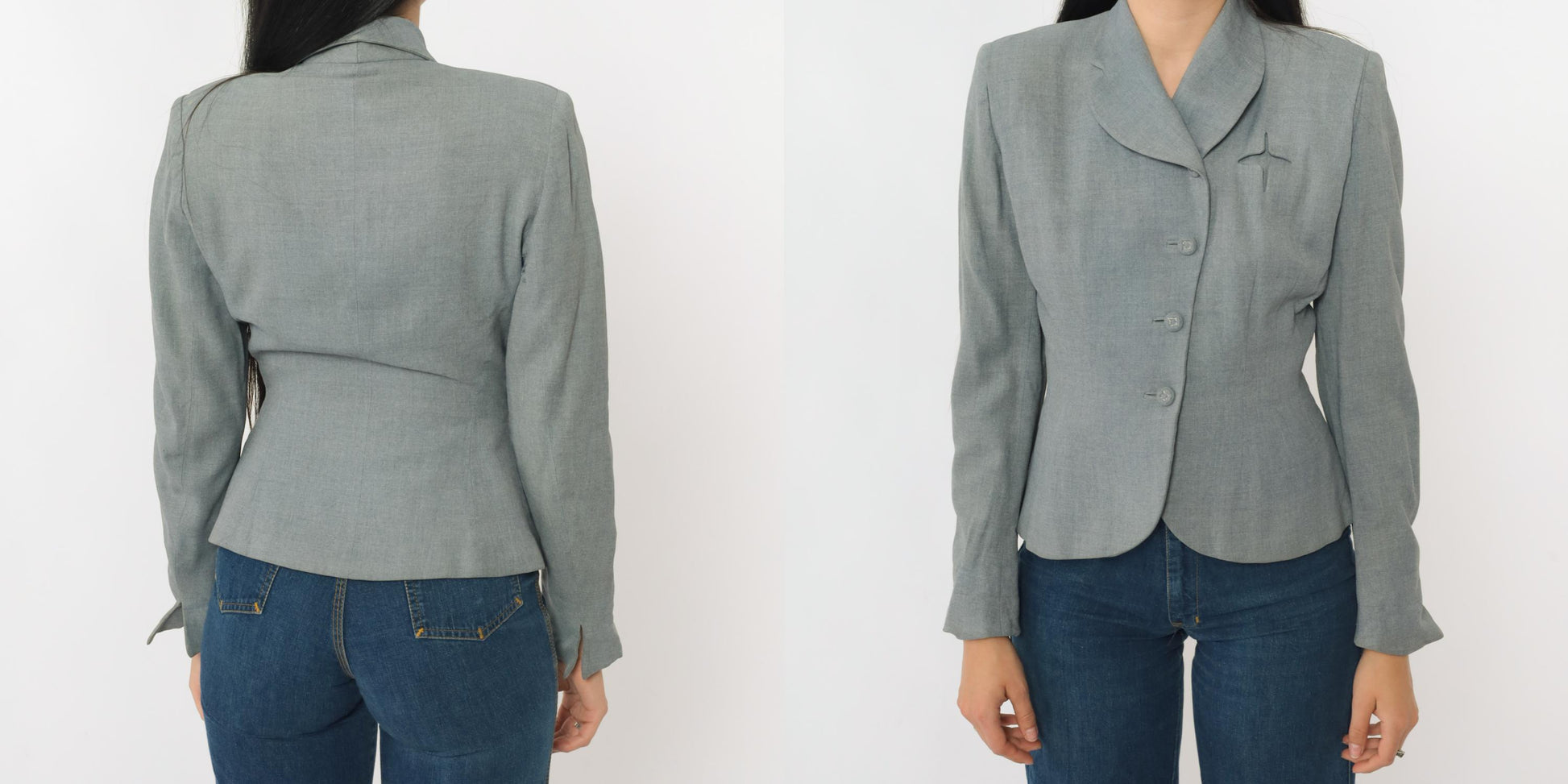 1940s Grey Wool Blazer Cropped Sculpted Waist Shawl Collar Extra Small