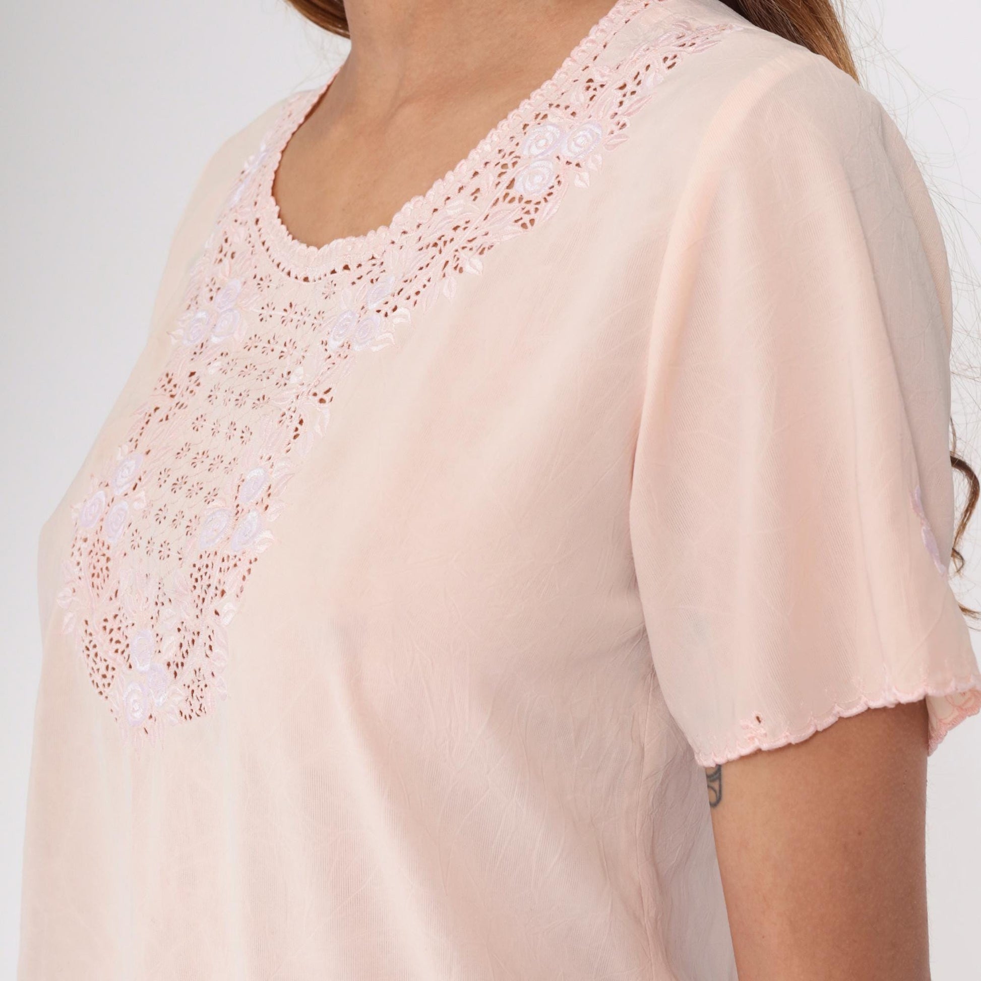 80s Baby Pink Floral Embroidered Cutout Blouse Small S