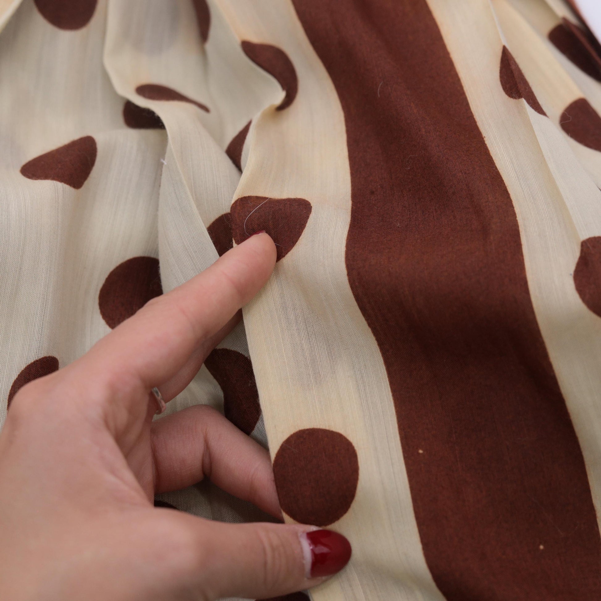 60s Brown White Polka Dot Puff Sleeve Dress Knee Length Extra Small XS