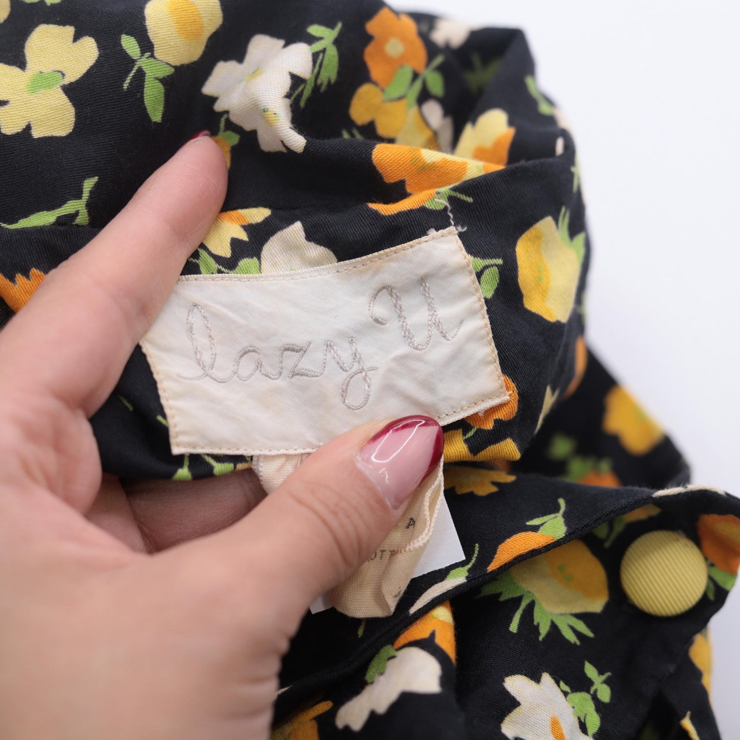 70s Lazy U Black Floral Maxi Dress Bell Sleeve Yellow Bow Large