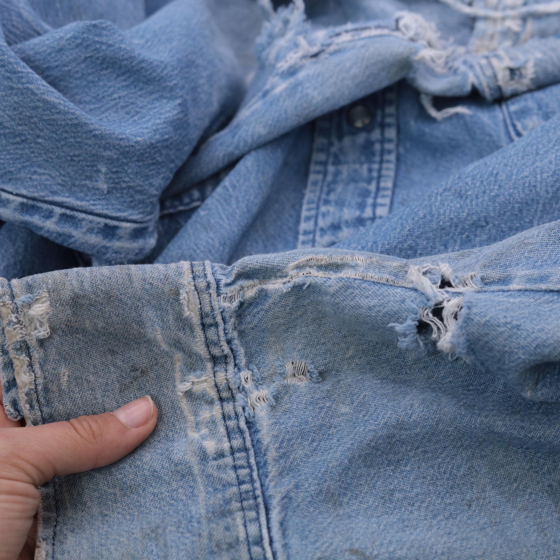 90s Osh Kosh B'Gosh Denim Shirt Distressed Ripped Frayed Blue Medium