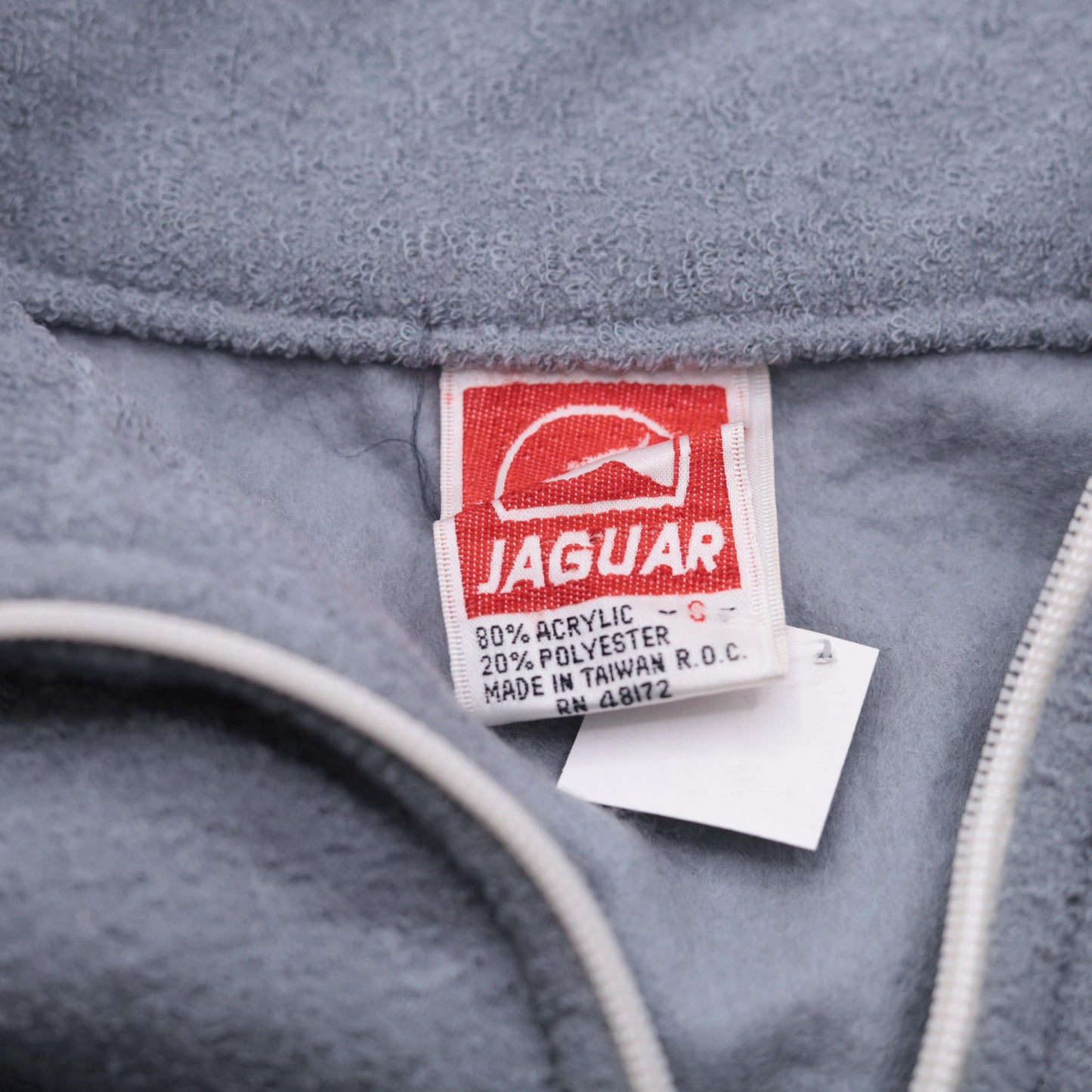 80s Jaguar Grey Zip-Up Sweatshirt White Piping Collar Small S