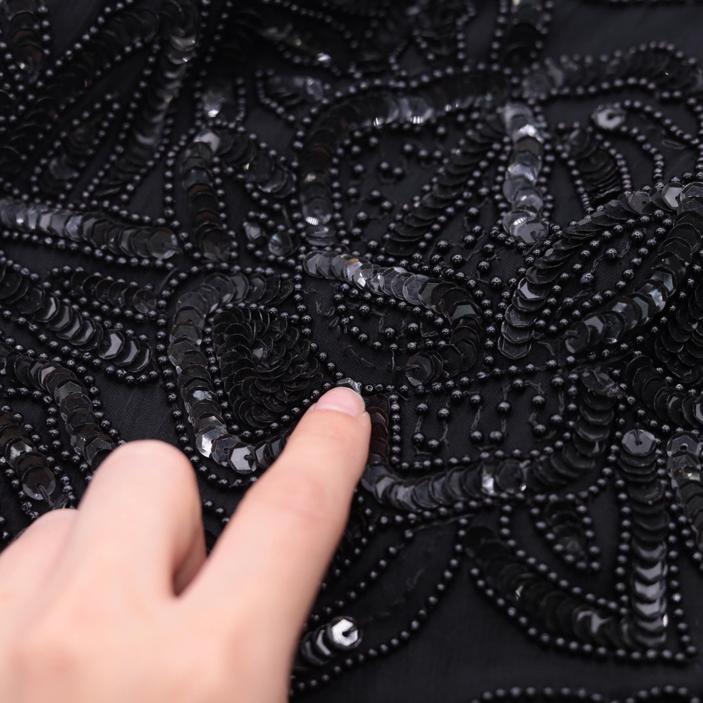 90s Silky Nites New York Black Silk Sequin Beaded Cocktail Dress Small