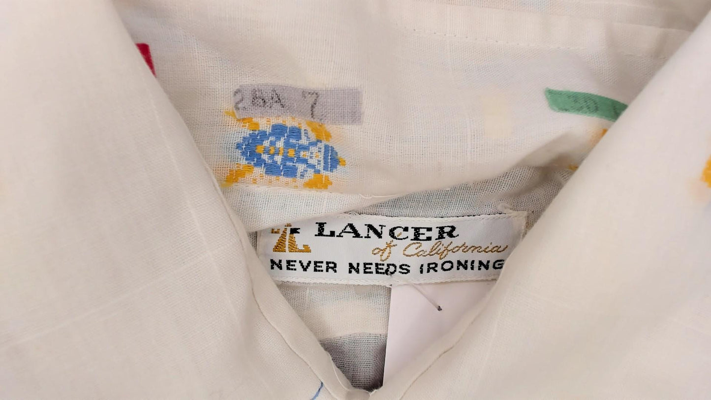 70s Lancer of California Turtle Print Button-Up Shirt White Cotton Medium