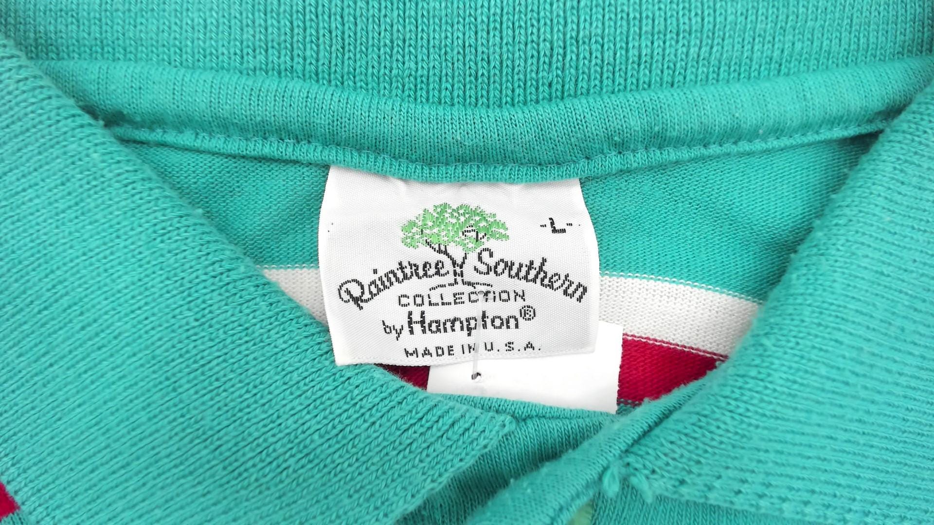 80s Green Striped Polo Shirt Duck Crest Embroidered Collared Large L