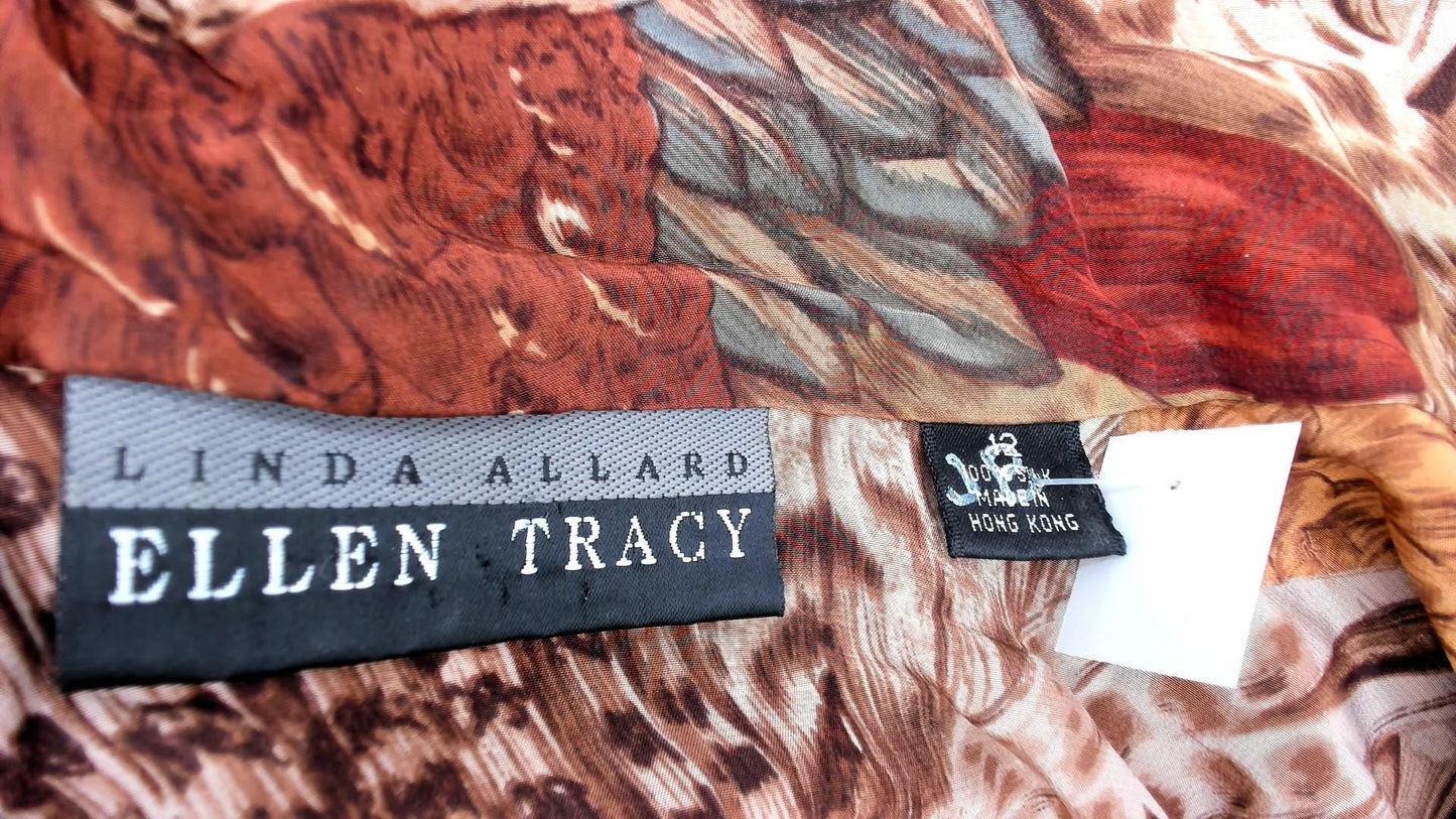 Ellen Tracy Silk Feather Print Blouse Brown Button Front Long Sleeve Large