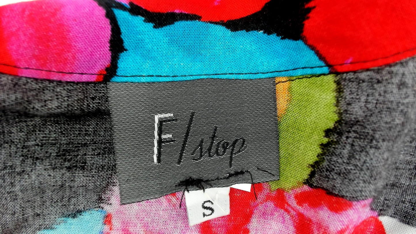 90s F Stop Floral Blouse Black Rayon Hibiscus Print Button-Up Small S
