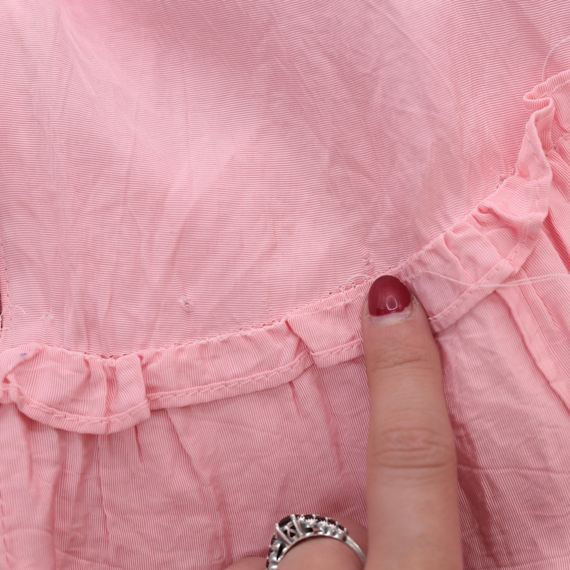 80s Pink Eyelet Midi Dress Off-Shoulder Puff Sleeve Tiered Ruffle Small