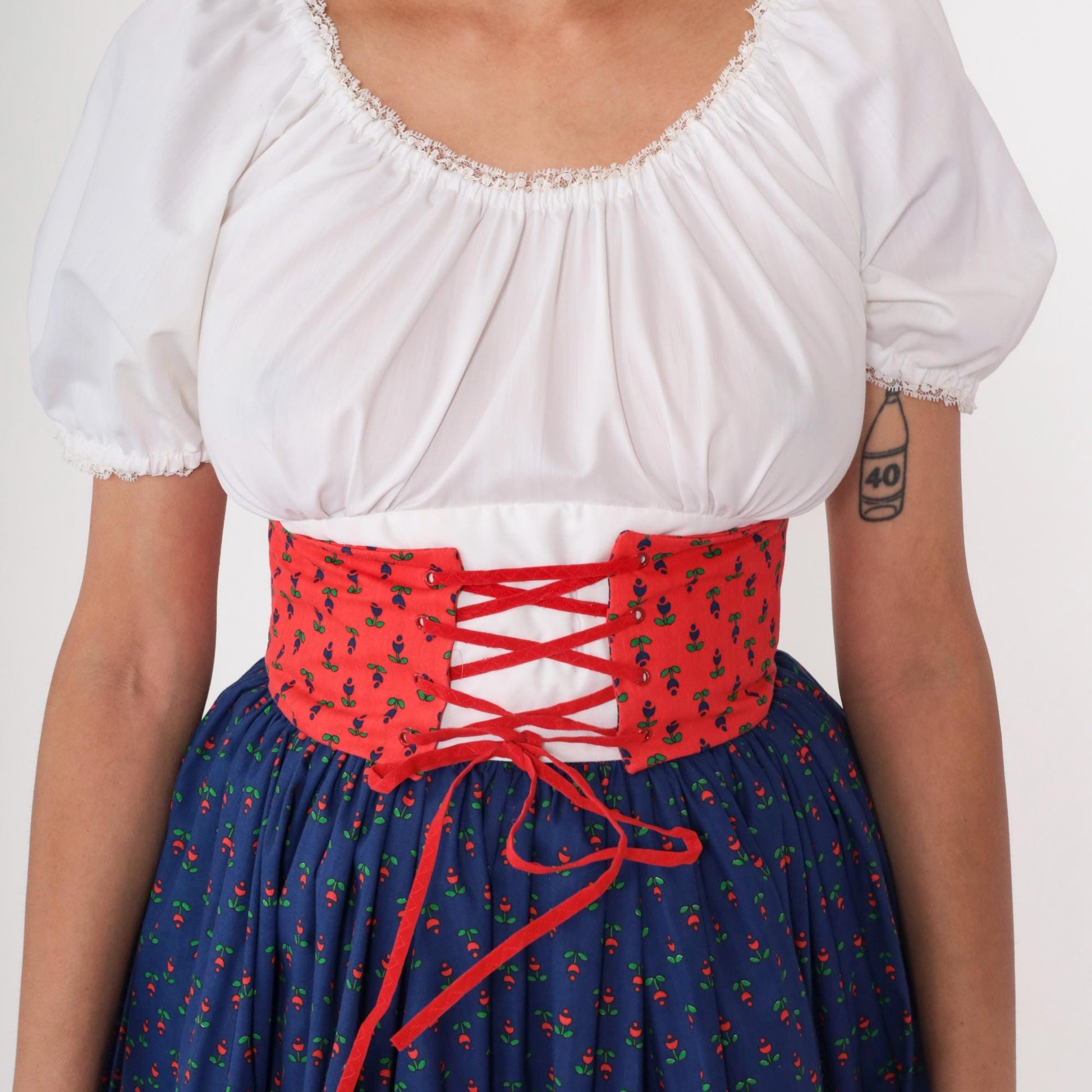 70s Folk Dirndl Dress Blue Floral White Puff Sleeve Red Corset Extra Small