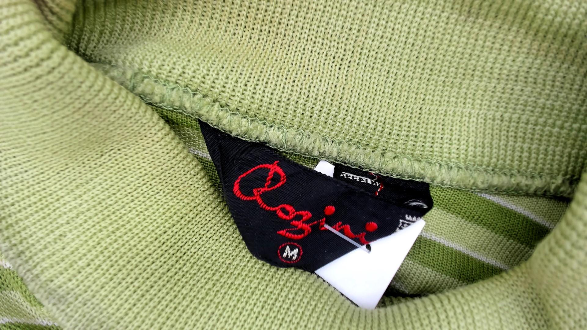 70s Striped Mock Neck Top Green Lime Short Sleeve Knit Pullover Medium Large