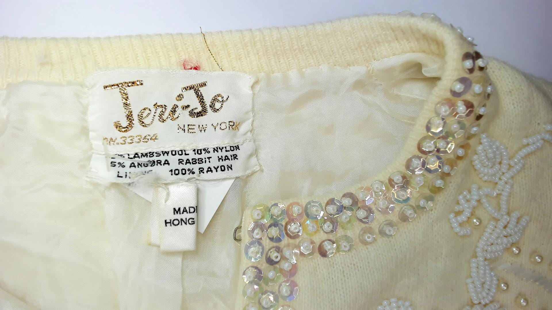 70s Cream Wool Cardigan Floral Beaded Pearl Button Sweater Small